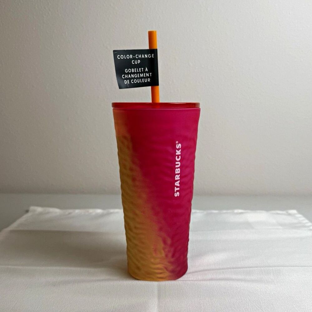 Starbucks Color-Change Cold Cup Pink Yellow Orange Wavy Texture Lid & Straw